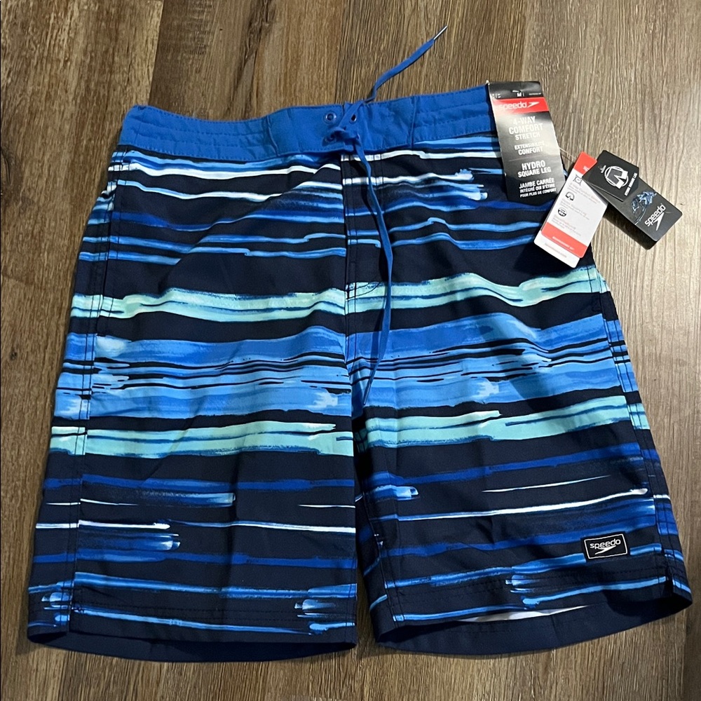 New Speedo Hydro Square Leg Striped Swim Shorts